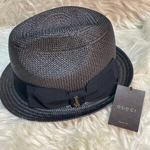 Gucci Black Woven Hat with Bow NWT